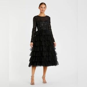 Mac Duggal 26299 NWT Long Sleeve Ruffle Tiered Midi Dress